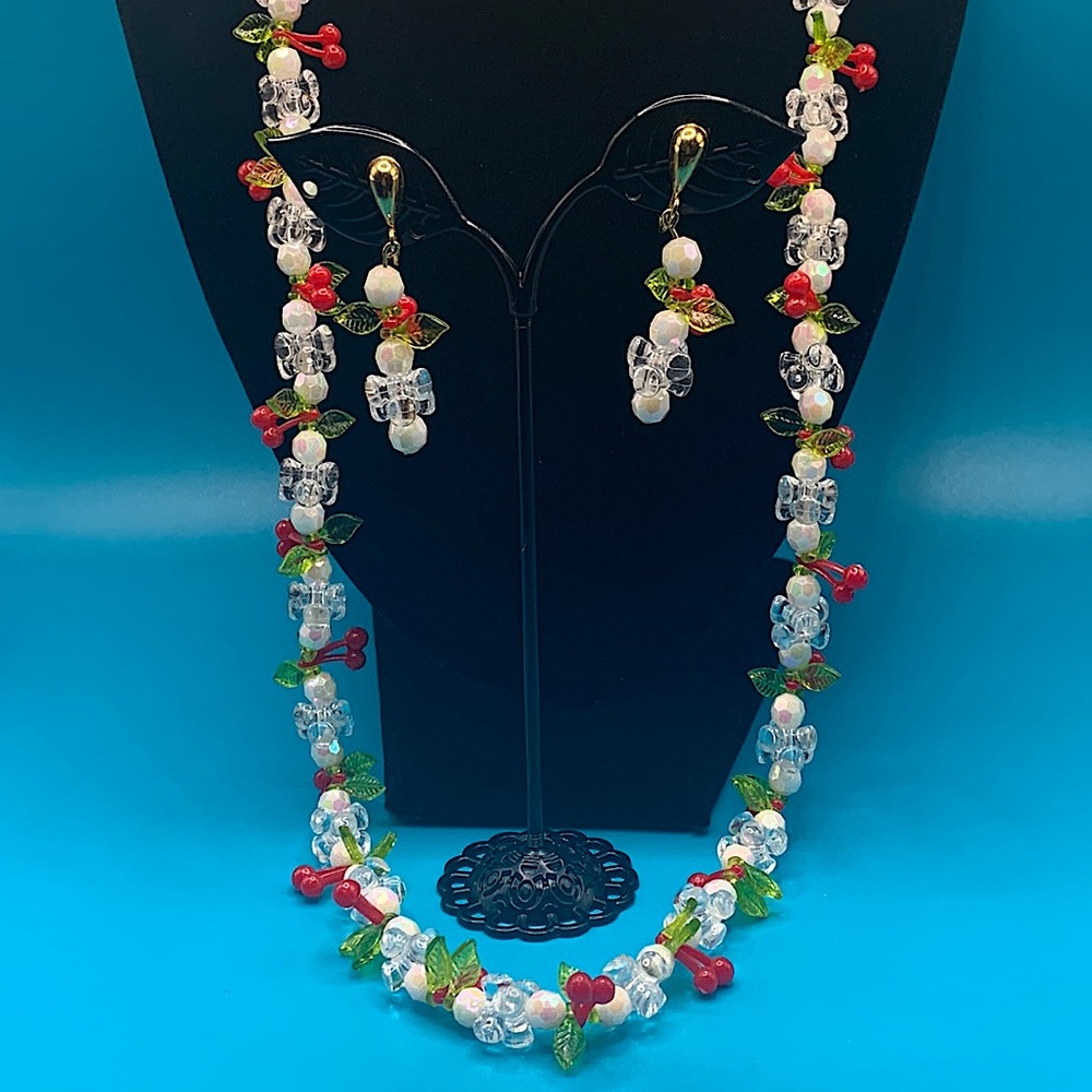 Lightweight Plastic “Holly” or “Cherries” Necklace & Clip-On Earrings